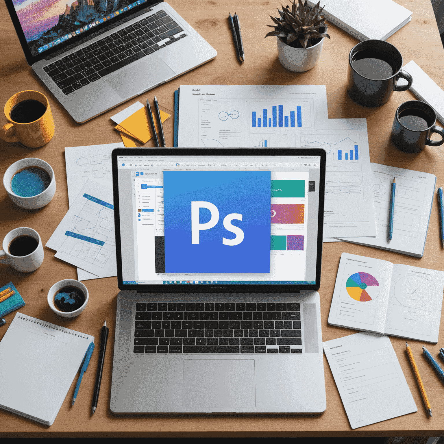 Imagen que muestra varias herramientas de diseño web como Photoshop, Sketch y Visual Studio Code en una disposición organizada